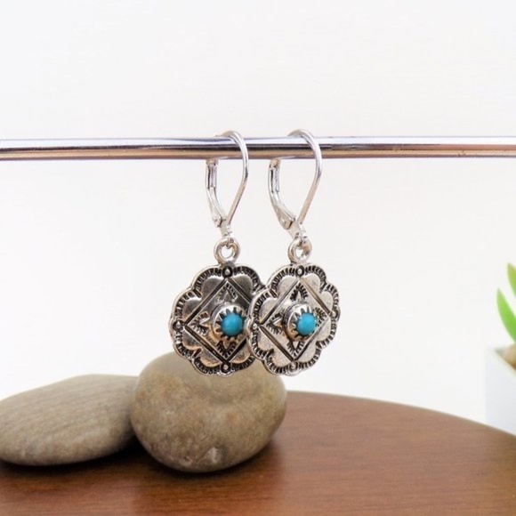 NEW Silver Tone Concho Charm turquoise lever back dangle earrings - Picture 2 of 3